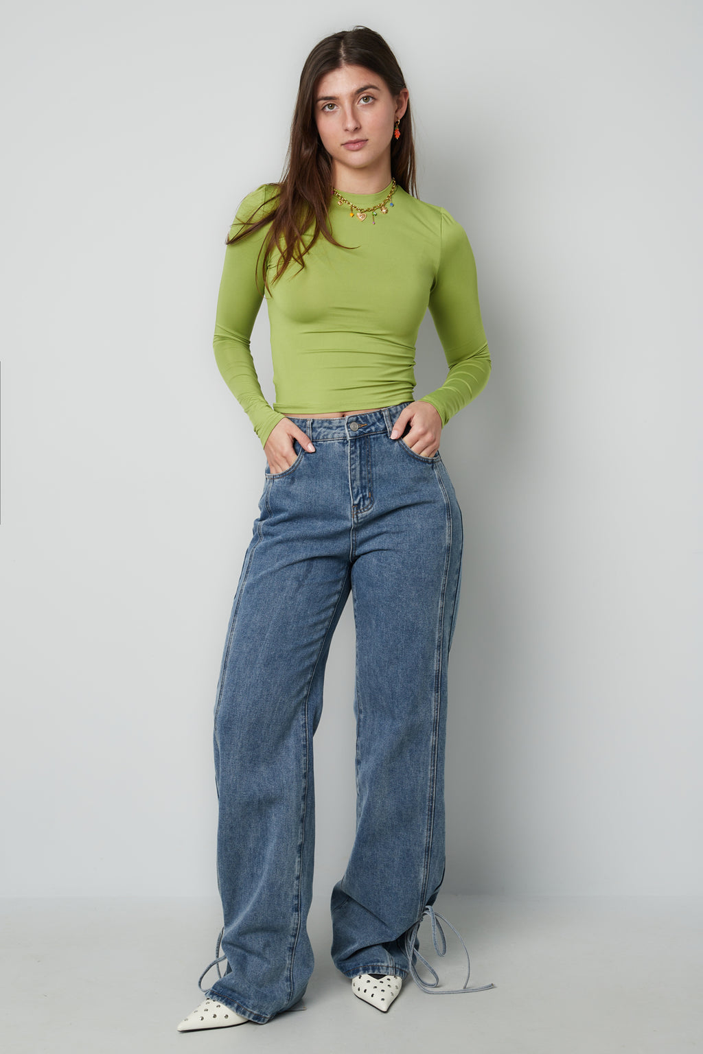 Baumwolle Gewebte Damen Gerade Jeans Casual Knotendetail