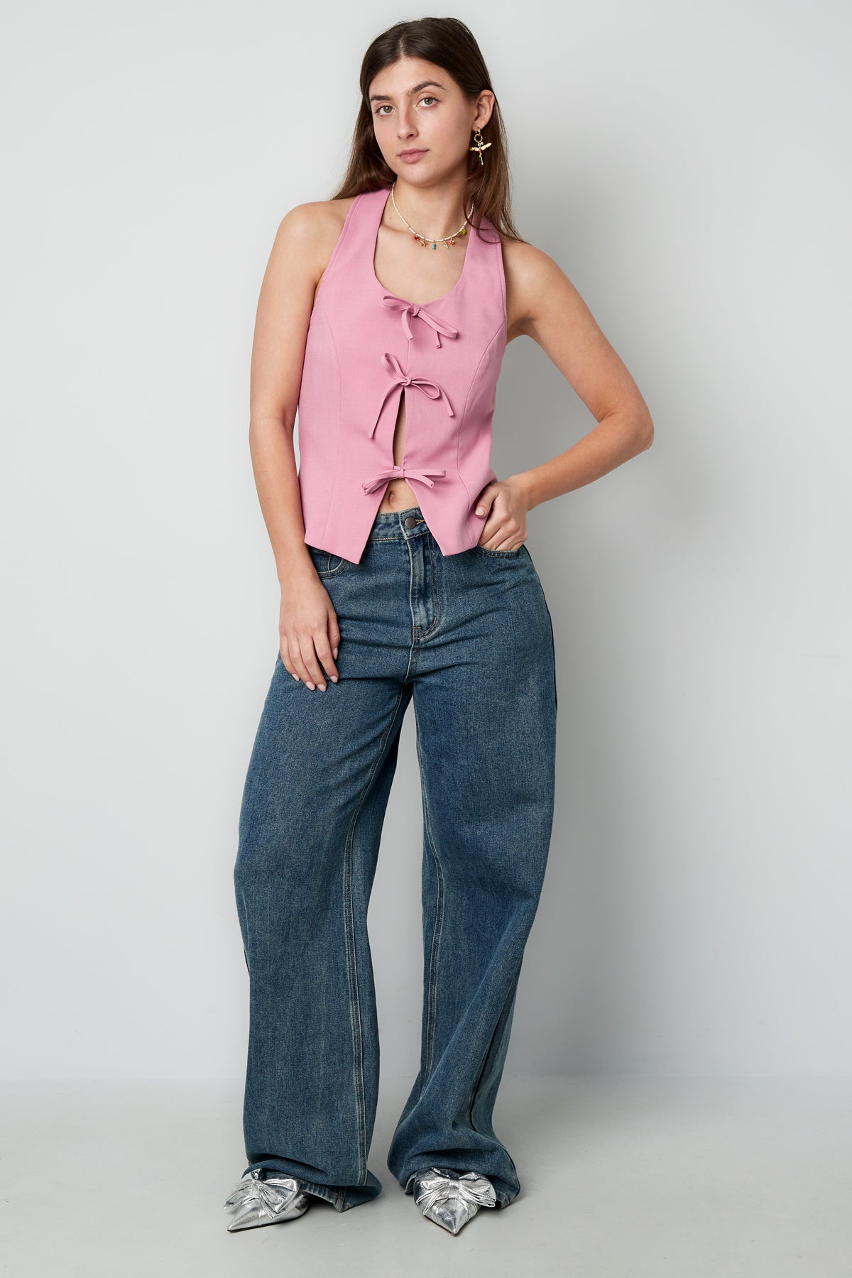 Gewebte Polyesterfaser Damen-Oberteil Ohne Ärmel Casual Schleife Detail