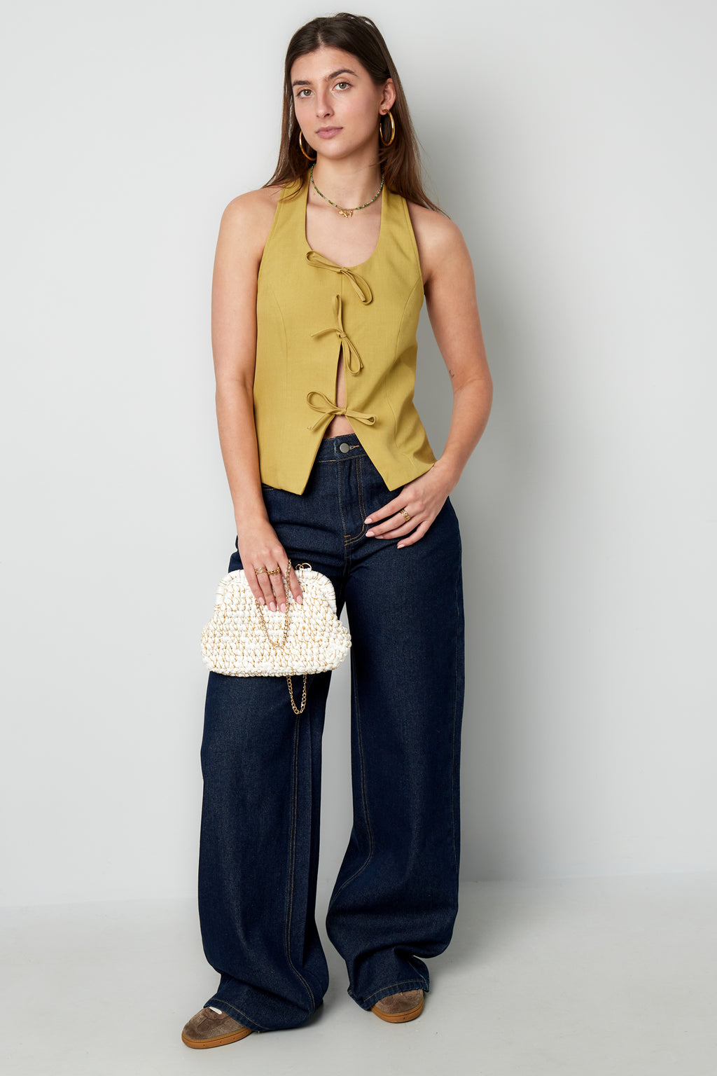 Gewebte Polyesterfaser Damen-Oberteil Ohne Ärmel Casual Schleife Detail