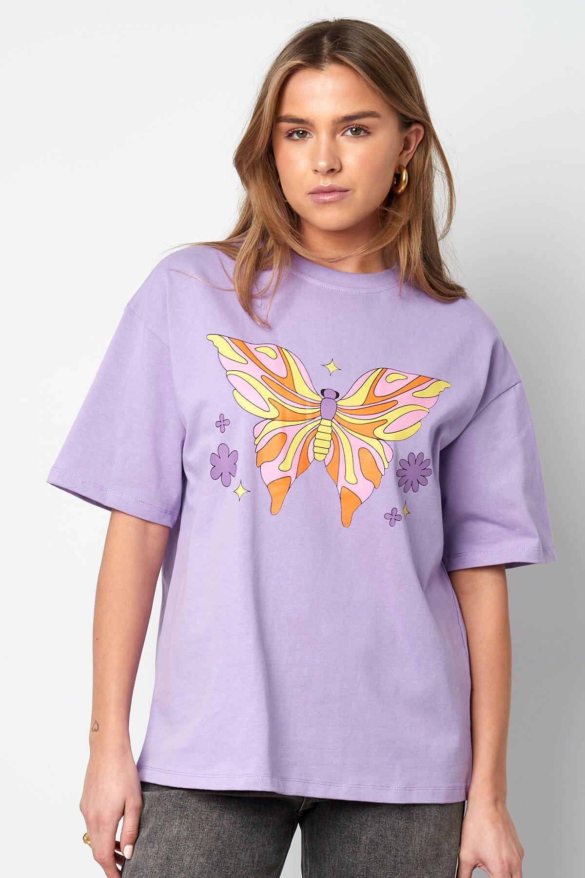 Baumwolle Damen T-Shirt Oversized Schmetterlingsdruck