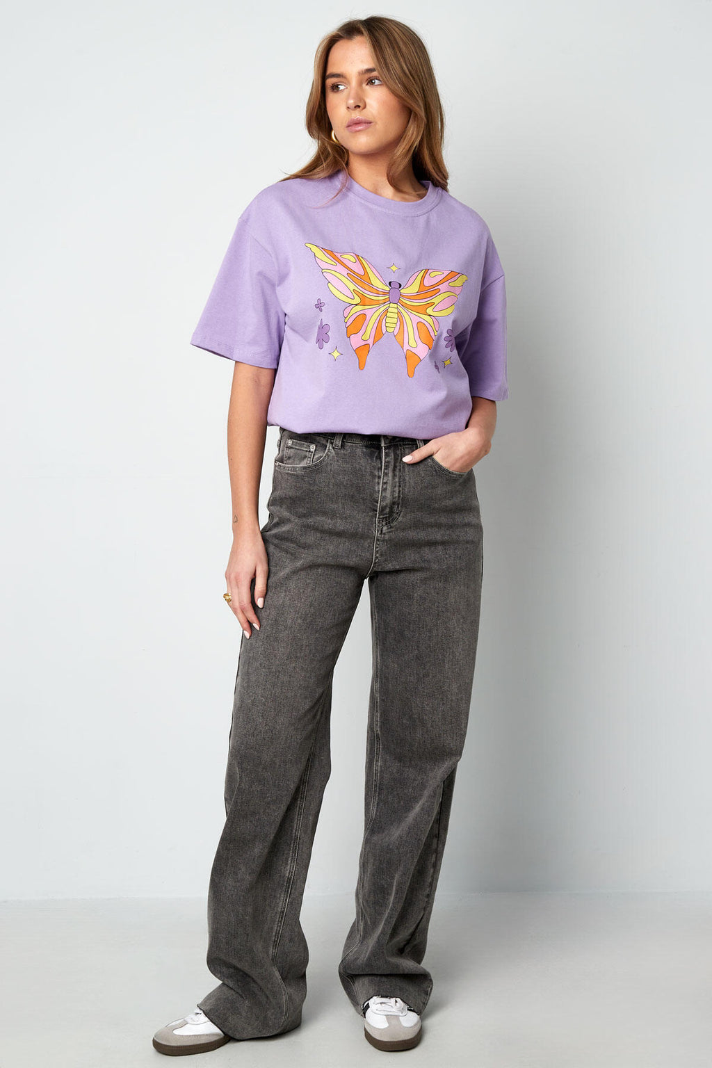 Baumwolle Damen T-Shirt Oversized Schmetterlingsdruck