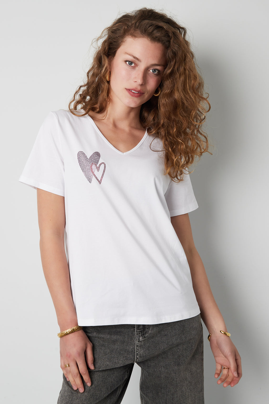 Baumwolle Damen V-Ausschnitt T-Shirt Besticktes Herz Design