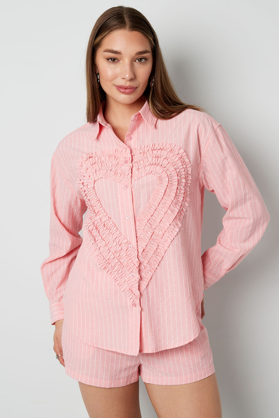 Cotton Woven Damen-Bluse Casual Stripes Herz Ruffle Detail