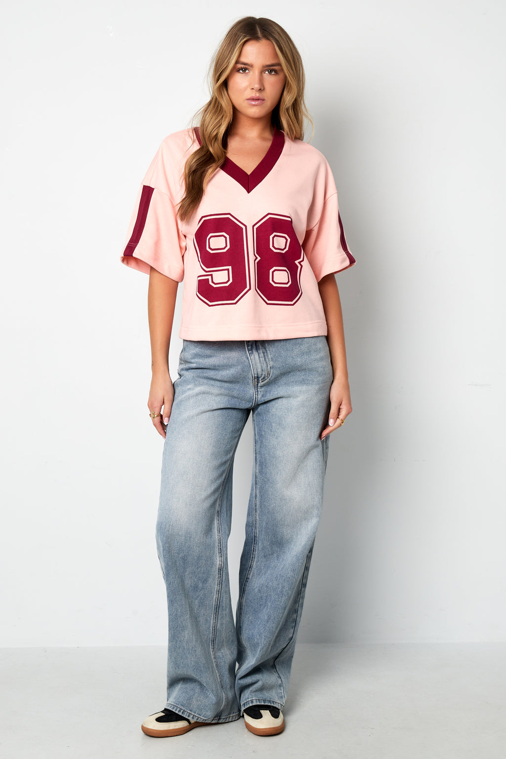 Strick-Baumwolle Damen V-Ausschnitt T-Shirt Sportlich Farbkontrast