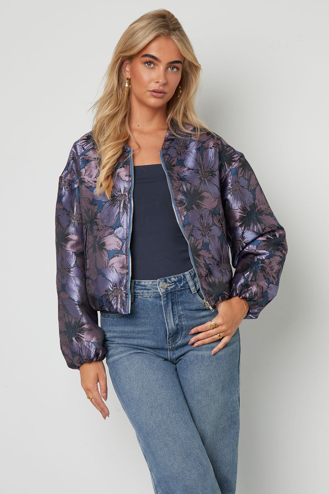 Woven Polyester Fiber Damen Bomberjacke Casual Blumenmuster