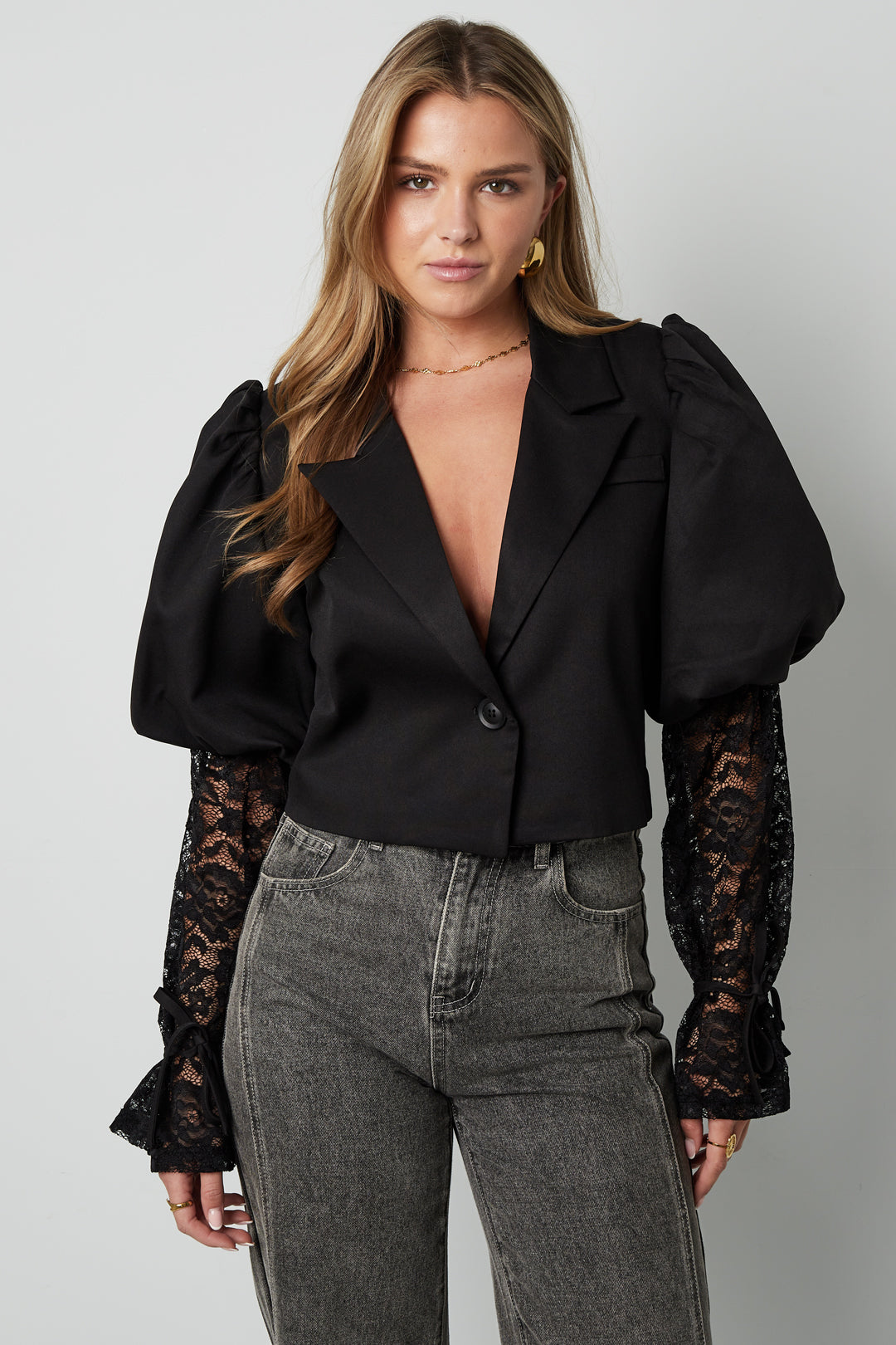 Baumwollmischung Damen-Blazer Puffärmel Spitze-Einsatz