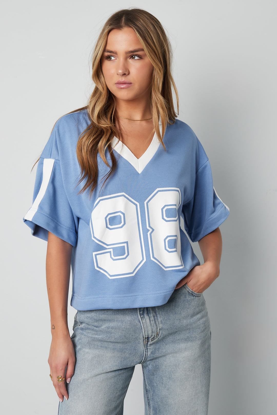 Strick-Baumwolle Damen V-Ausschnitt T-Shirt Sportlich Farbkontrast