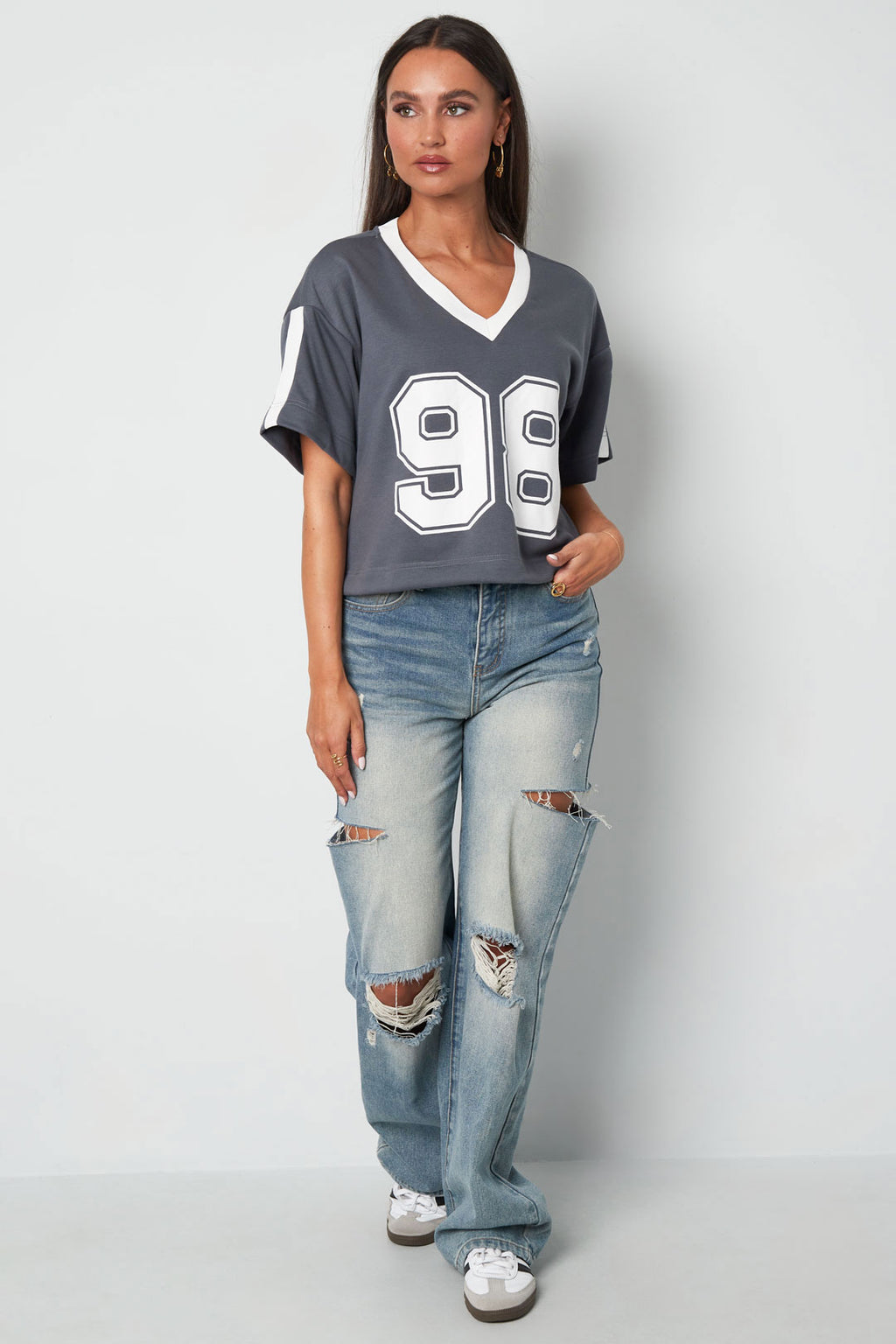 Strick-Baumwolle Damen V-Ausschnitt T-Shirt Sportlich Farbkontrast