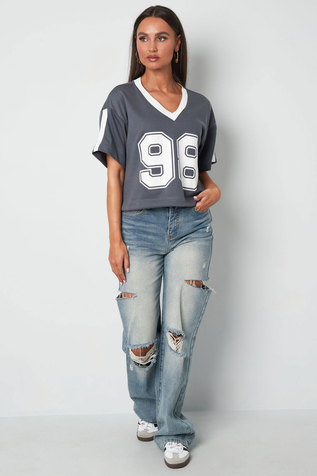 Strick-Baumwolle Damen V-Ausschnitt T-Shirt Sportlich Farbkontrast