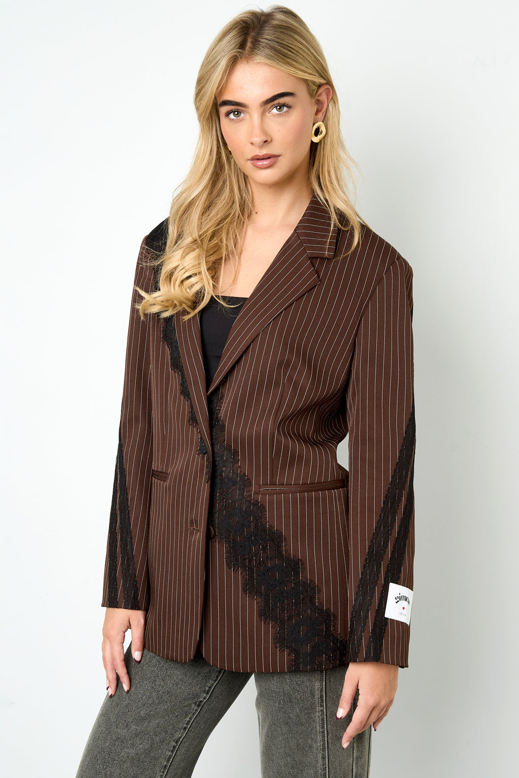 Gewebte Polyesterfaser Damen-Anzug-Set Elegant Streifen Spitzenpaneel