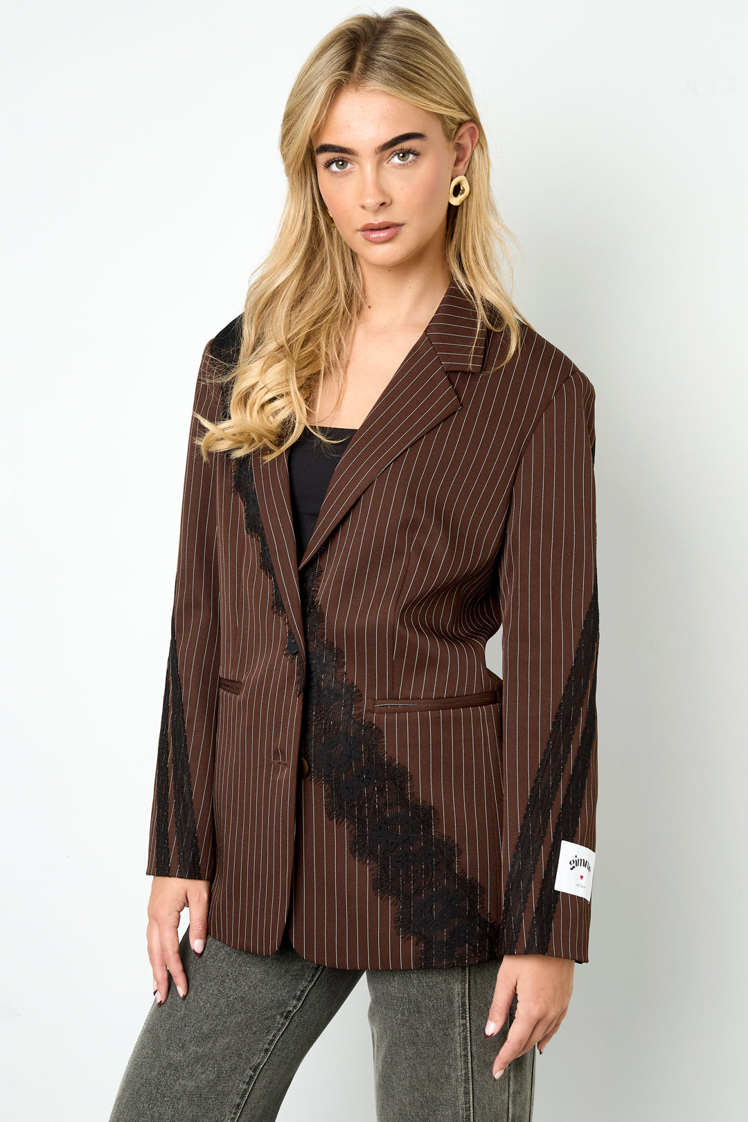 Gewebte Polyesterfaser Damen-Anzug-Set Elegant Streifen Spitzenpaneel