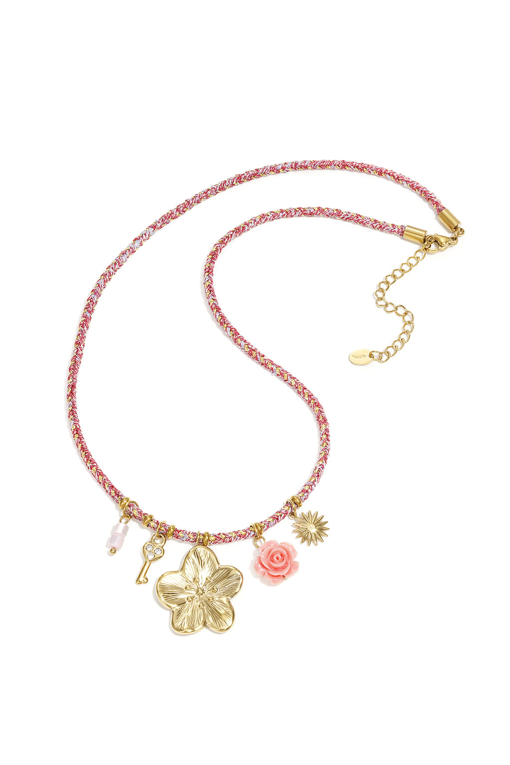 Bunte Kordelkette mit verschiedenen Anhängern in Rosa