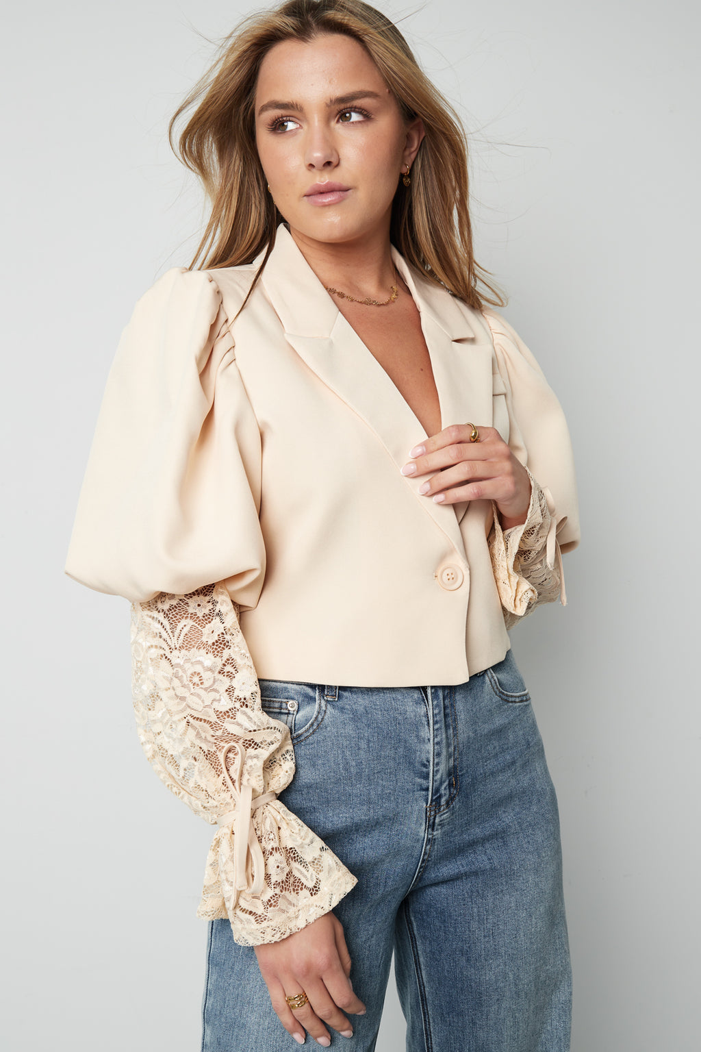 Baumwollmischung Damen-Blazer Puffärmel Spitze-Einsatz