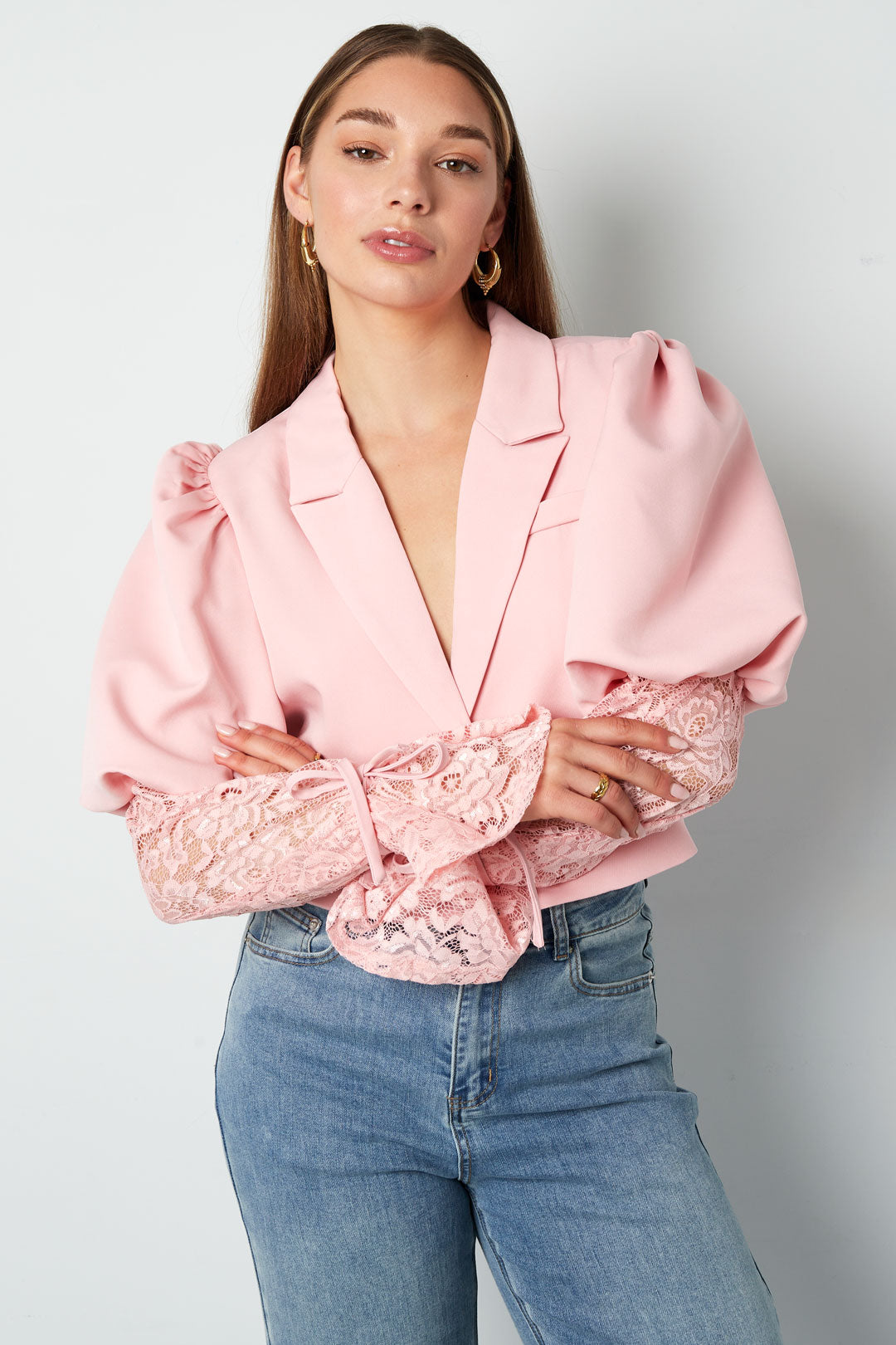 Baumwollmischung Damen-Blazer Puffärmel Spitze-Einsatz