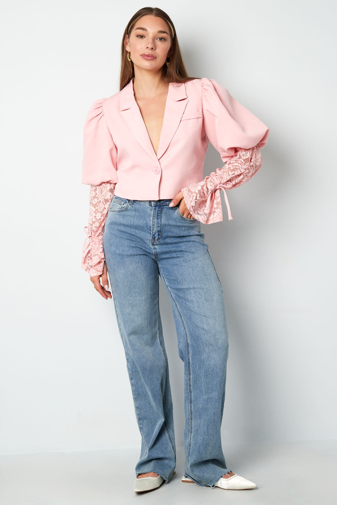 Baumwollmischung Damen-Blazer Puffärmel Spitze-Einsatz