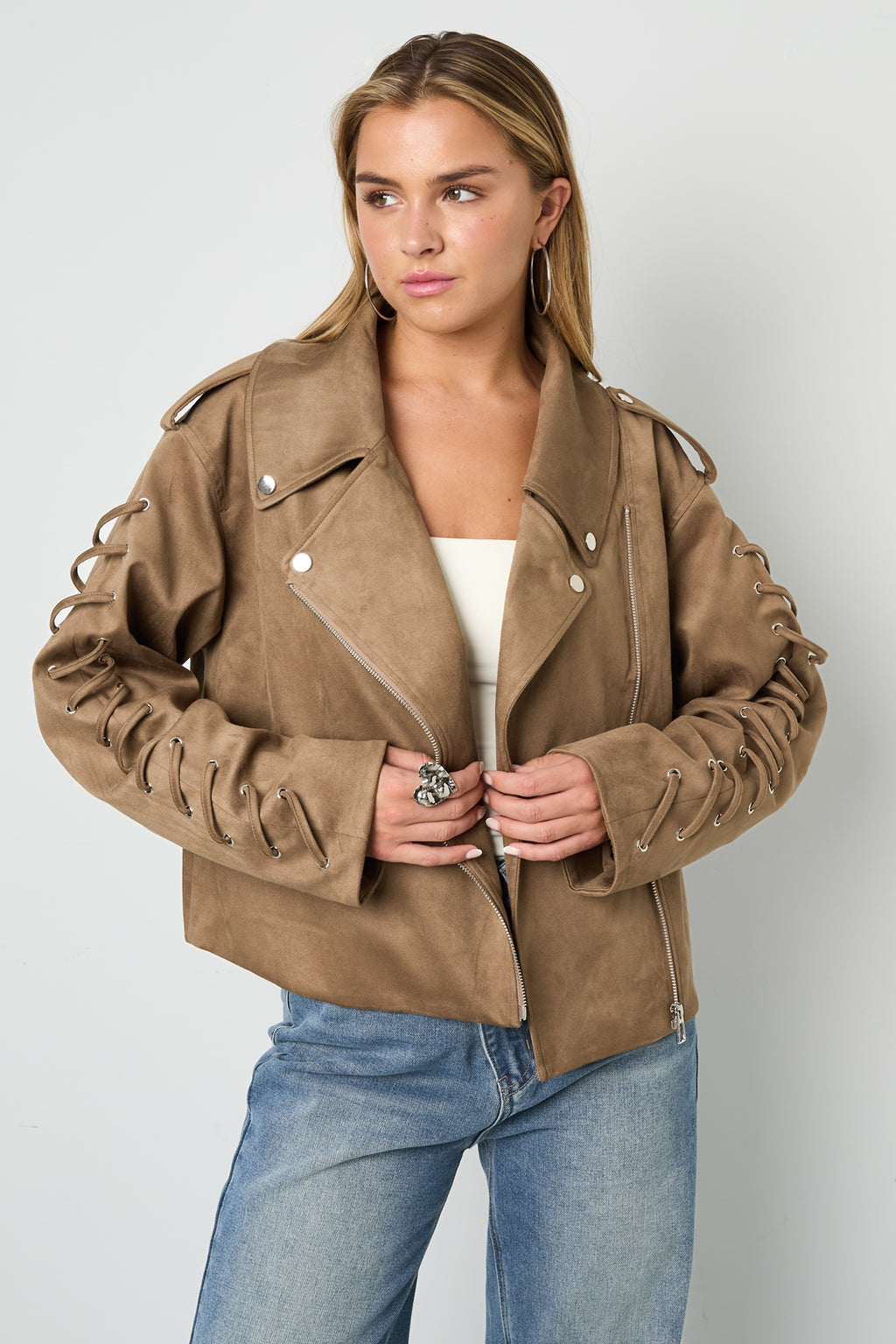 Woven Polyester Fiber Damenjacke Street Style Tie-up