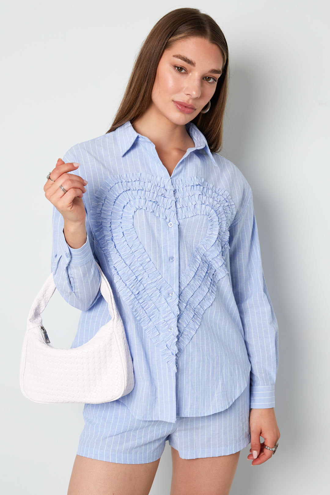 Cotton Woven Damen-Bluse Casual Stripes Herz Ruffle Detail