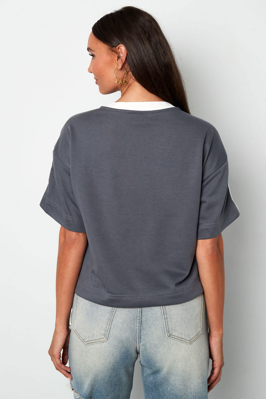Strick-Baumwolle Damen V-Ausschnitt T-Shirt Sportlich Farbkontrast