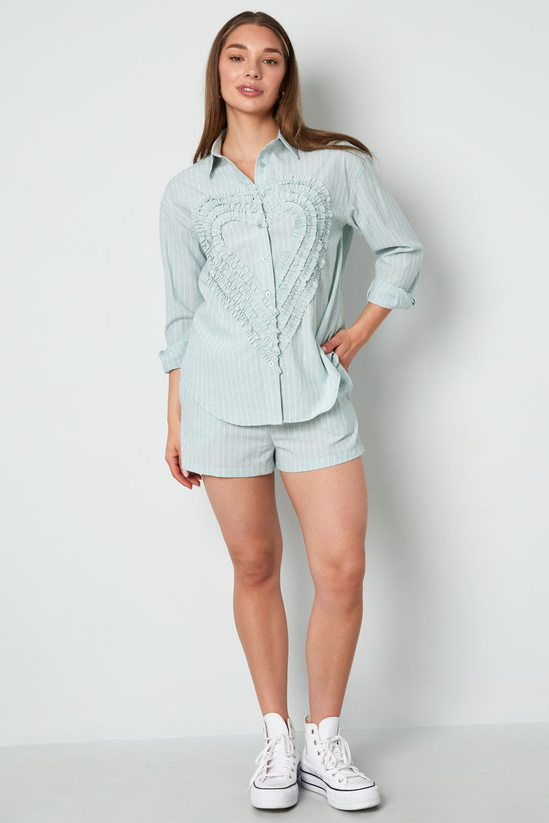 Cotton Woven Damen-Bluse Casual Stripes Herz Ruffle Detail