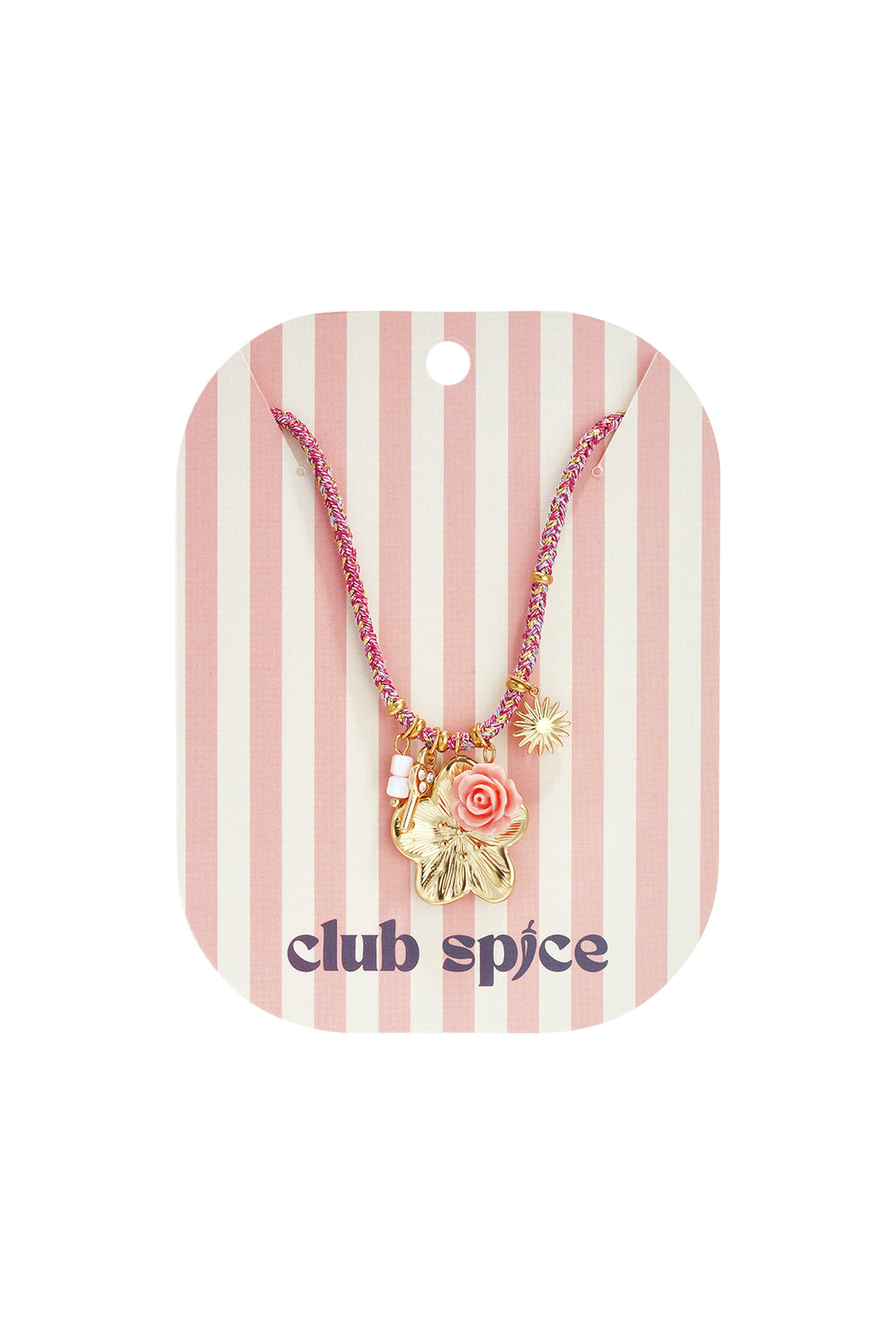 Bunte Kordelkette mit verschiedenen Anhängern in Rosa