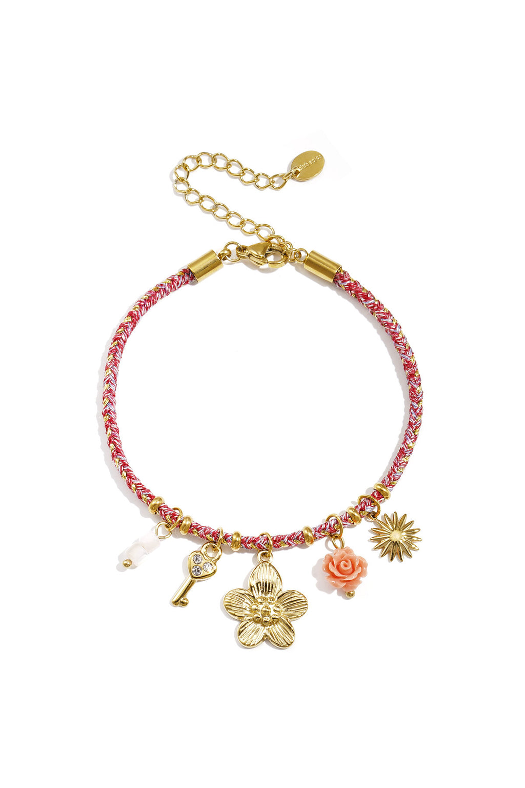 Buntes Kordelarmband mit verschiedenfarbigen orangefarbenen Anhängern