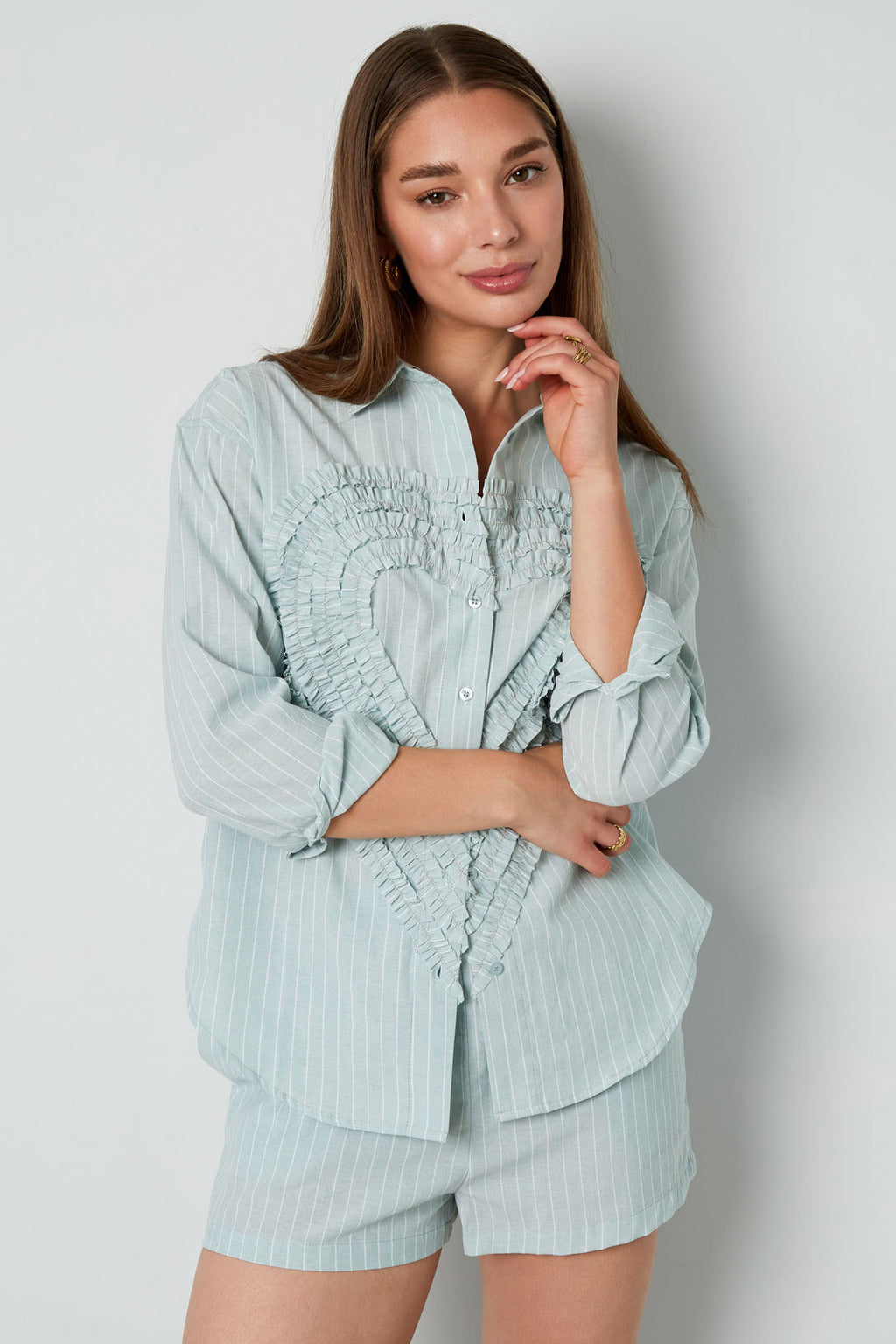 Cotton Woven Damen-Bluse Casual Stripes Herz Ruffle Detail