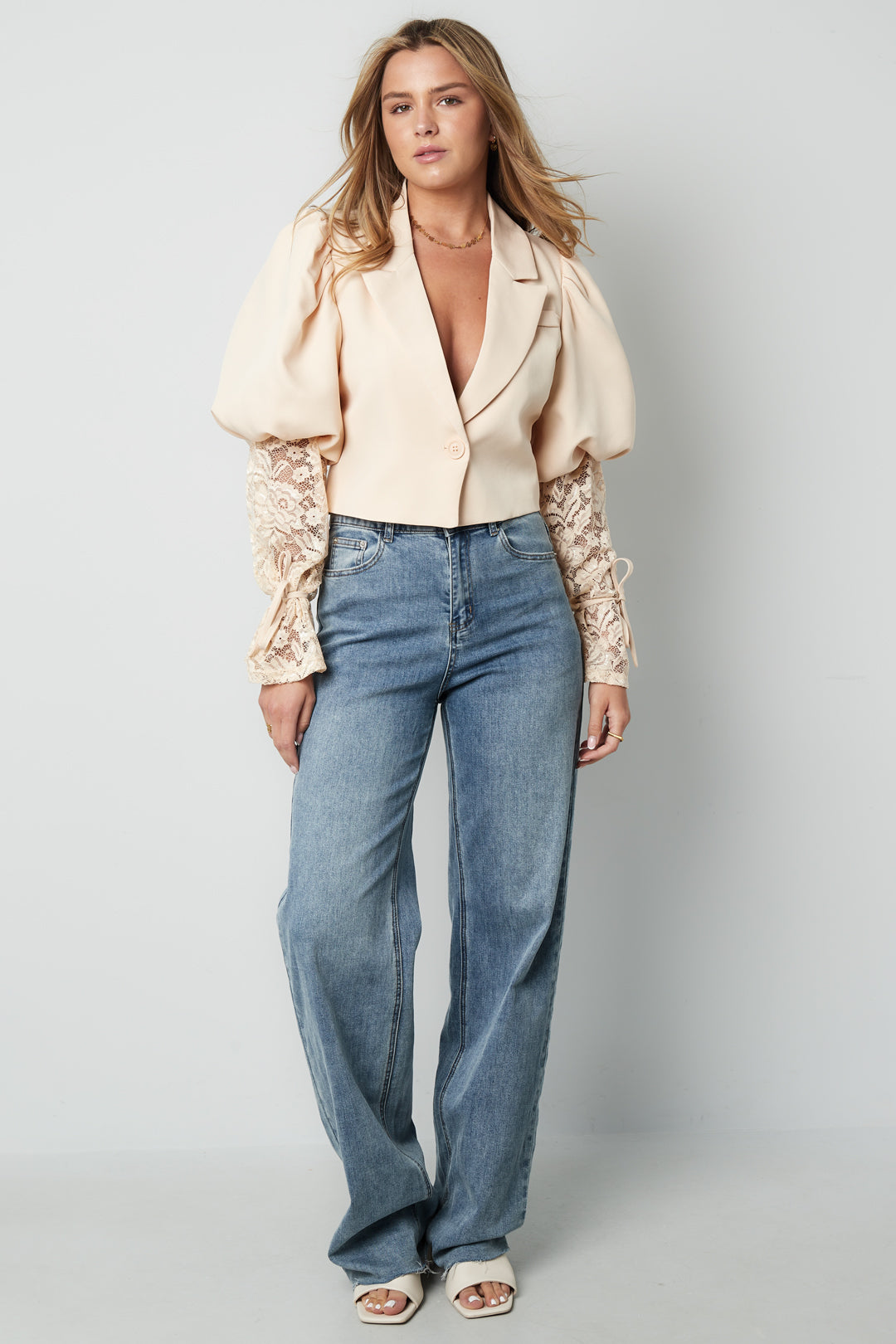 Baumwollmischung Damen-Blazer Puffärmel Spitze-Einsatz
