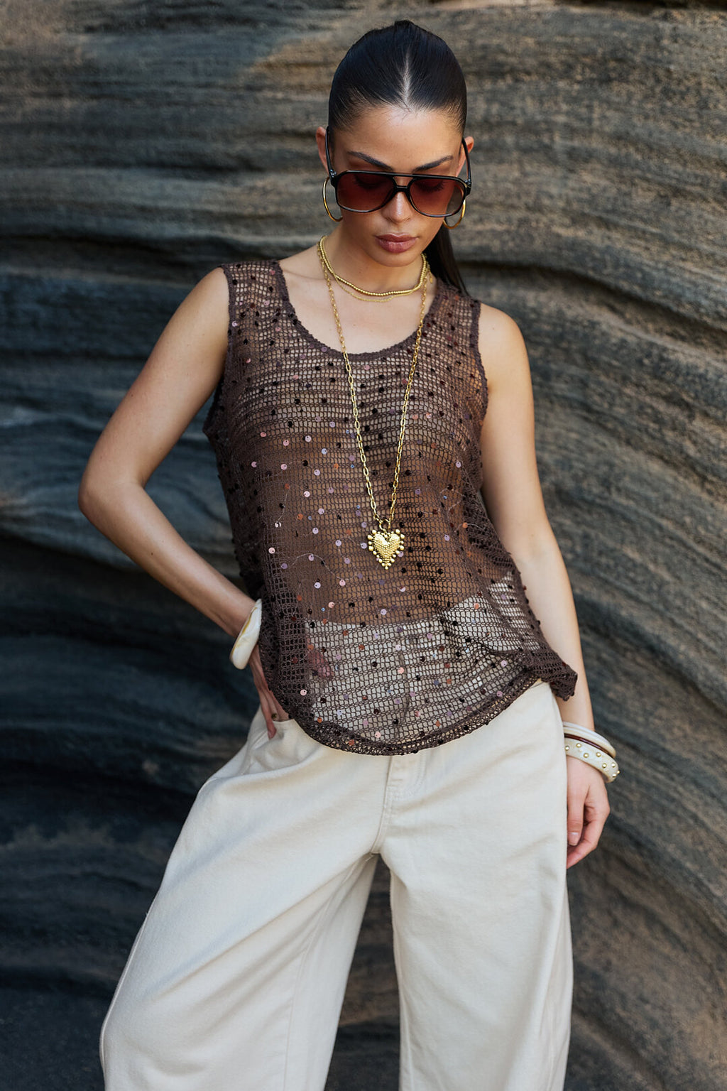 Gehäkeltes Strandtop mit Glitzerdetails