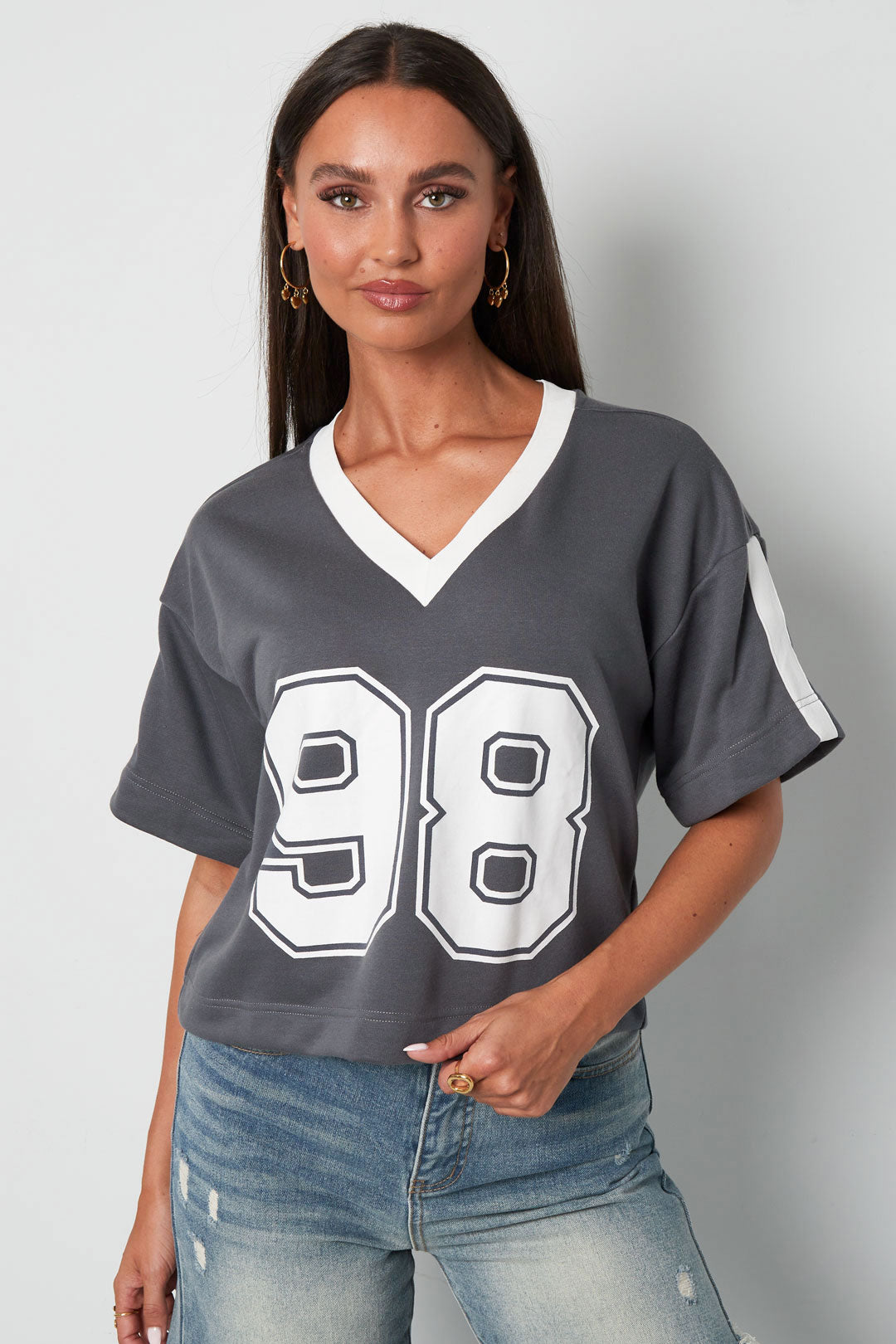 Strick-Baumwolle Damen V-Ausschnitt T-Shirt Sportlich Farbkontrast